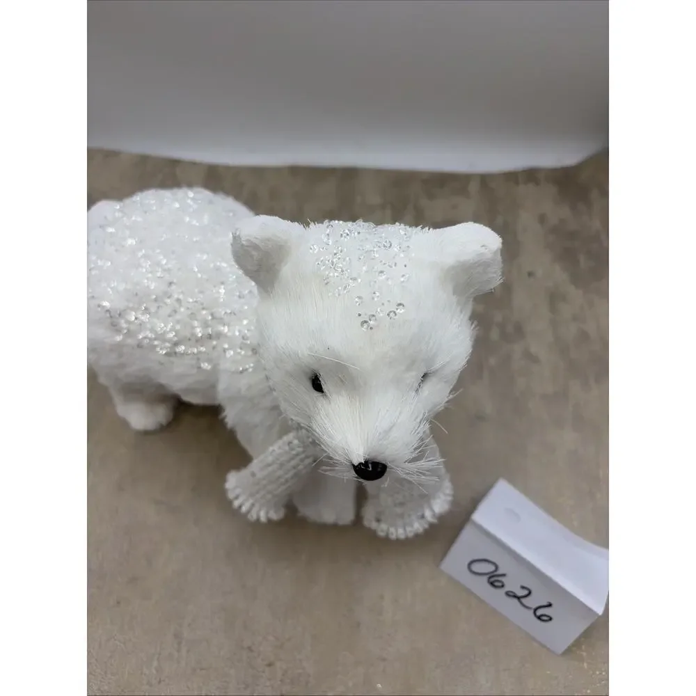Vintage faux fur over paper mache Christmas white Polar Bear Silver Accents
